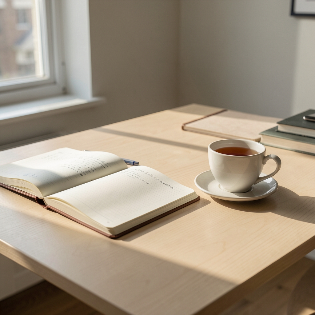 Quiet editorial workspace with open notebooks, a cup of tea, and morning light falling across a pale wooden desk