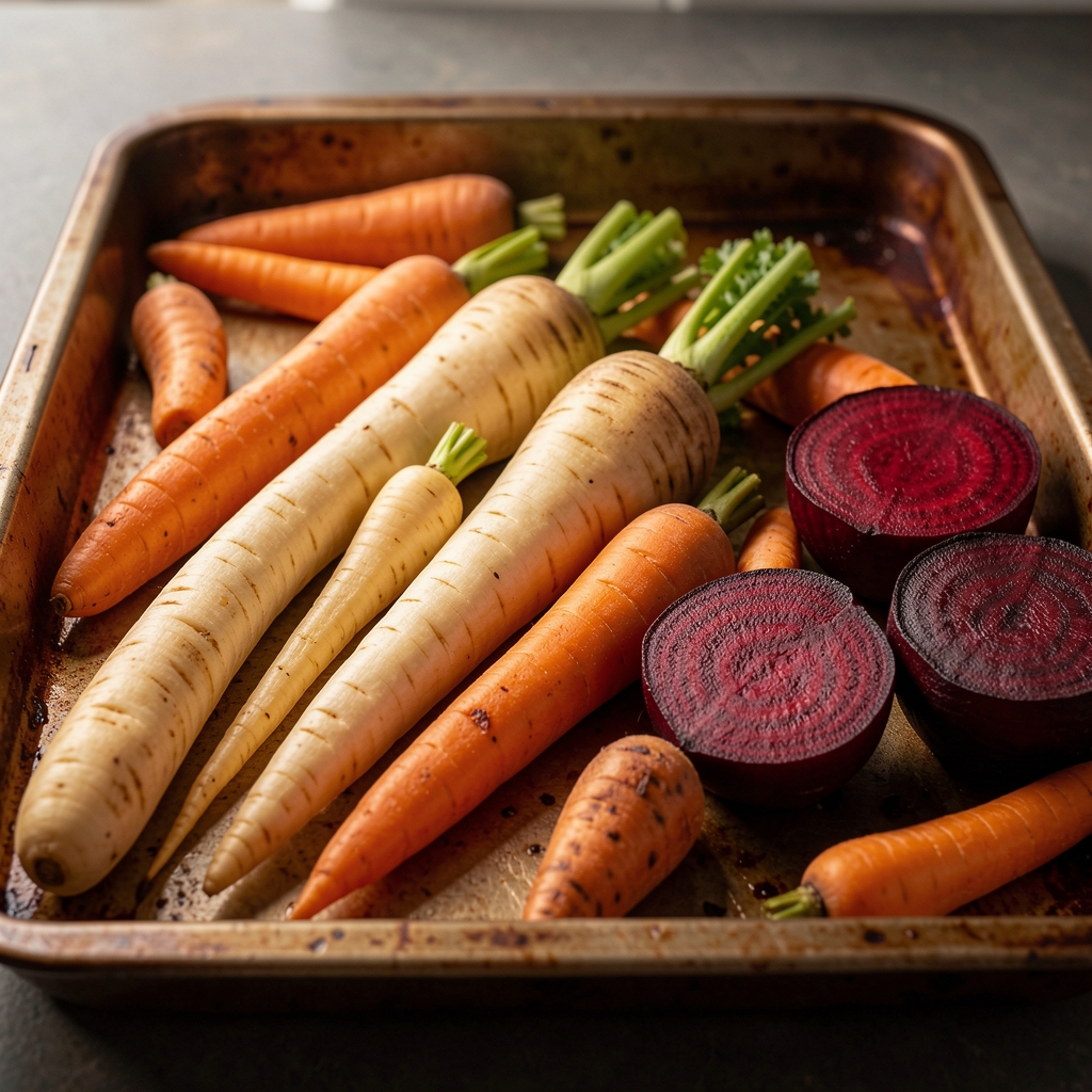 Close-up of roasted autumn root vegetables — parsnips, carrots, and beetroot — on a heavy baking tray, warm tones