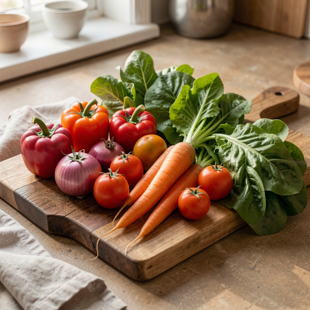 Colourful seasonal vegetables and leafy greens arranged on a wooden chopping board under natural light