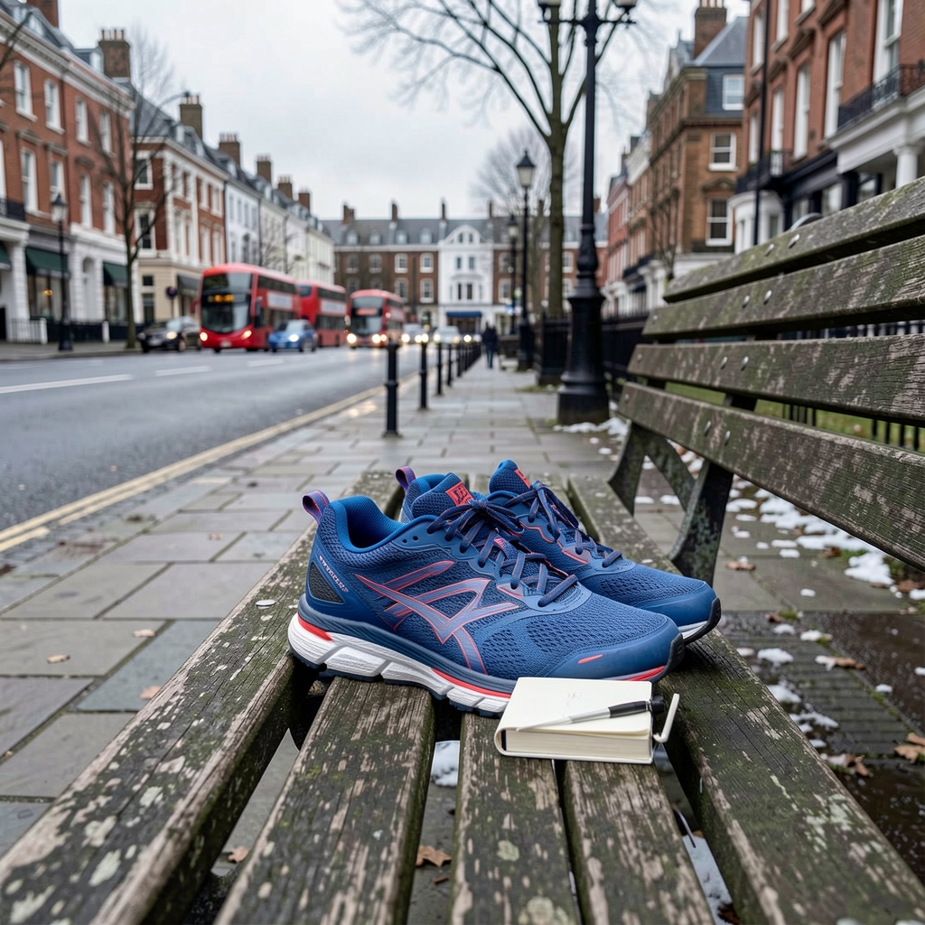 Running shoes and a small notebook resting on a park bench, overcast winter light, London streets visible in background