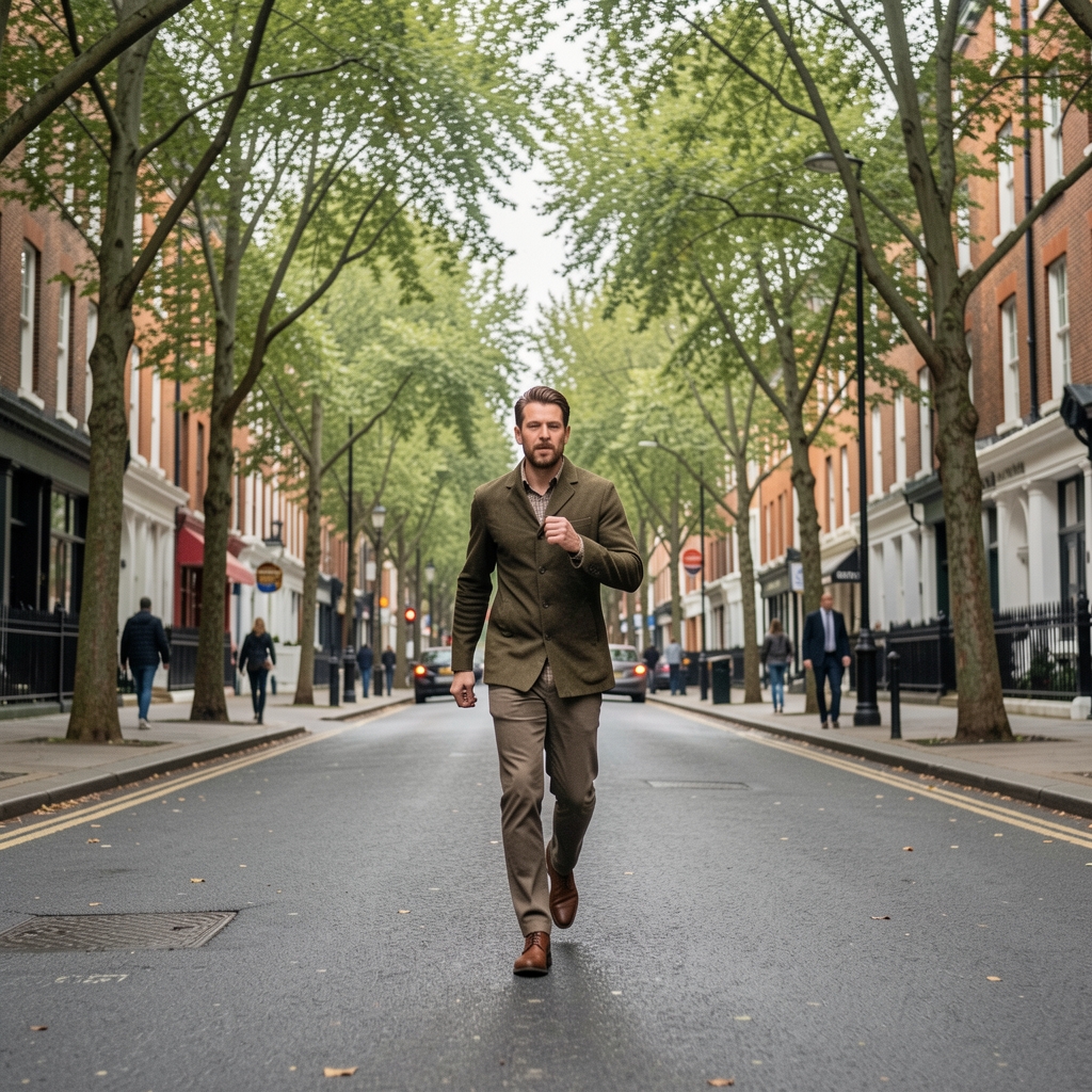 Person walking briskly along a tree-lined London street on an overcast morning, motion sense