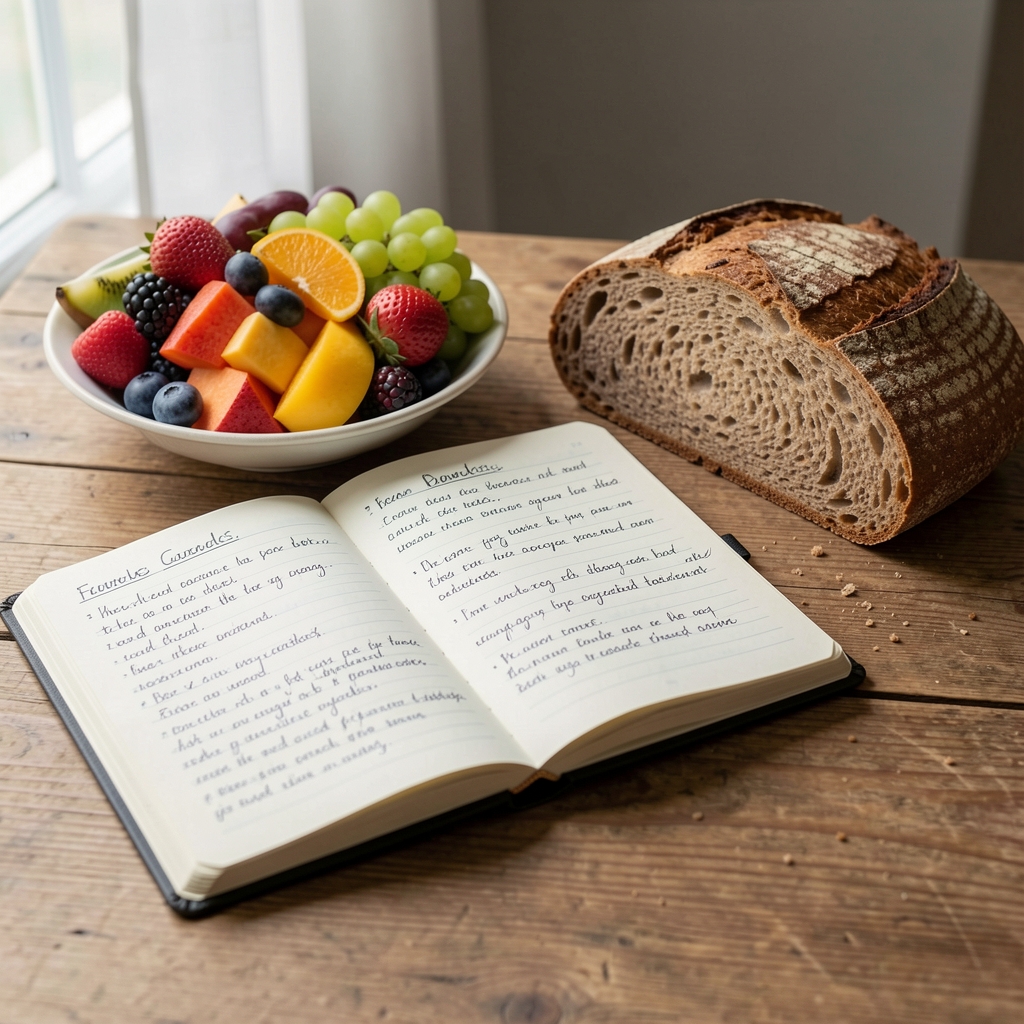 Handwritten food journal open on a wooden surface beside a simple breakfast of fruit and whole grain bread, soft morning light