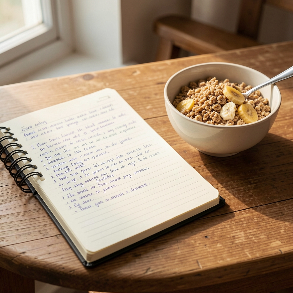 Open food journal notebook with handwritten notes beside a bowl of whole-grain breakfast, morning light