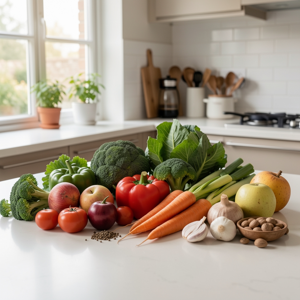 Seasonal vegetables and whole foods arranged on a pale kitchen surface, natural daylight from window